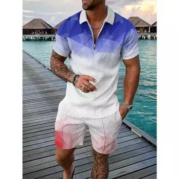 Контрастные летние мужские костюмы с лацканами, застежкой-молнией и принтом, короткий рукав, футболка, комплект из 2 предметов, повседневные шорты с карманами, спортивные костюмы, мужские спортивные комплекты из двух предметов M