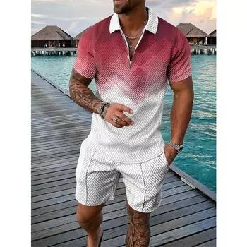 Контрастные летние мужские костюмы с лацканами, застежкой-молнией и принтом, короткий рукав, футболка, комплект из 2 предметов, повседневные шорты с карманами, спортивные костюмы, мужские спортивные комплекты из двух предметов M