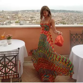 Контрастные платья-макси с принтом на бретельках для женщин, пляжное цветное свободное платье без рукавов с открытой спиной, летнее платье для отдыха S