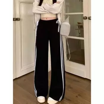 Контрастные полосатые спортивные брюки женские американские ретро кавайные милые банты бандажные брюки прямые брюки с высокой талией S чёрный
