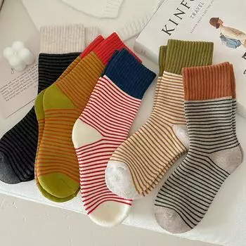 Контрастные полоски, сращивание, конфетные носки, женские носки средней длины, носки-трубы из хлопка Tide Street, чулки One Size