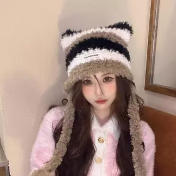 Контрастные полосы зимние шапки шапка кошачьи ушки пуловер шапка модная женская вязаная шапка хаки