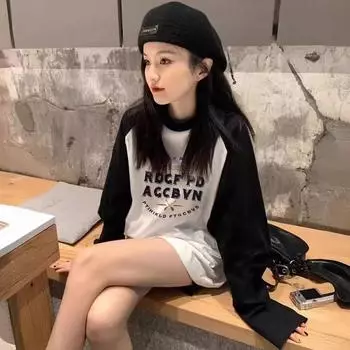 Контрастные ретро-футболки Harajuku с длинным рукавом и круглым вырезом, весенние и осенние футболки для женщин, повседневные футболки больших размеров, топы Y2k, уличная одежда M