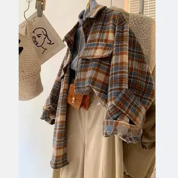 Контрастные шерстяные клетчатые женские рубашки Винтажные женские блузки с отложным воротником и длинными рукавами Весенние и осенние повседневные универсальные свободные топы S