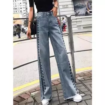 Контрастные свободные прямые джинсы с вышивкой и кисточками на подоле, женские джинсовые брюки с высокой талией, большие размеры 3XL, летние осенние джинсовые брюки S