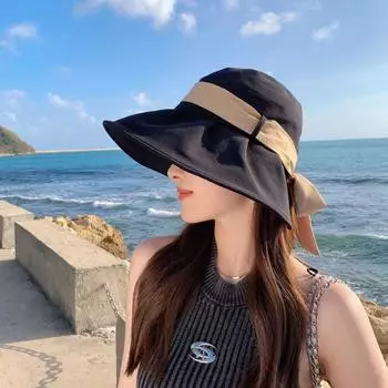 Контрастный цвет банта большой карниз шляпа рыбака дети весна и лето путешествия солнцезащитный козырек солнцезащитный козырек мода универсальный рыбак M56-58cm чёрный