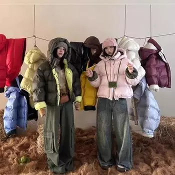 Контрастный цвет хлеба одежда 2024 зима новый белый утиный пух теплая куртка с капюшоном куртка женская One size розовый