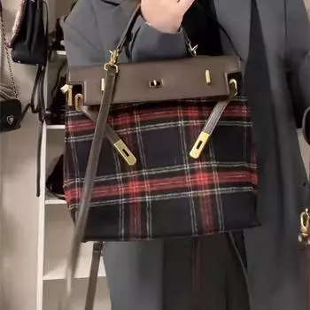 Контрастный цвет, красная клетка, нишевый дизайн, рюкзак, женская сумка-тоут из шерстяной ткани высокого класса, большой емкости