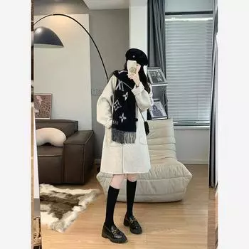 Контрастный цвет лацкан темперамент шерстяное пальто женское осень и зима средней и длинной искусственной шерсти универсальное пальто Одежда M