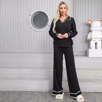 Контрастный цвет лацкана модный повседневный костюм женский с высокой талией и тонкий трикотажный комплект из двух предметов One Size чёрный