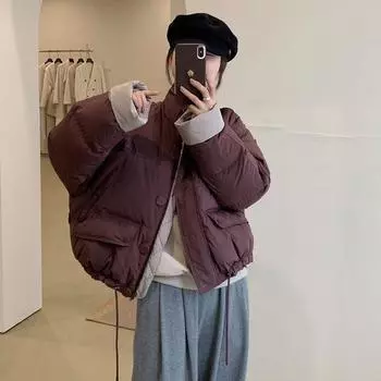 Контрастный цвет маленький 90 белый утиный пуховик женский короткий 2024 зима модный дизайн чувство утолщенный воротник стойка куртка хлеб S