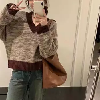 Контрастный цвет модный тонкий свитер с V-образным вырезом для женщин на осень и зиму, зимний пуловер в ленивом стиле, внутренний свитер связан узором Майяра one size fits all