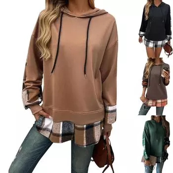 Контрастный цвет Повседневный поддельный двухсекционный свитшот с капюшоном и длинными рукавами для женщин L чёрный