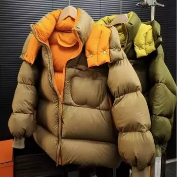 Контрастный цвет пуховик 2024 зимняя одежда новый студенческий стиль маленький мужской утолщенный теплый пуховик с капюшоном женская одежда One Size хаки