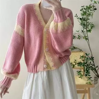 Контрастный цвет ретро свободный вязаный кардиган новый V-образный вырез мягкий восковой литературный и художественный свитер женское пальто прилив one size fits all розовый