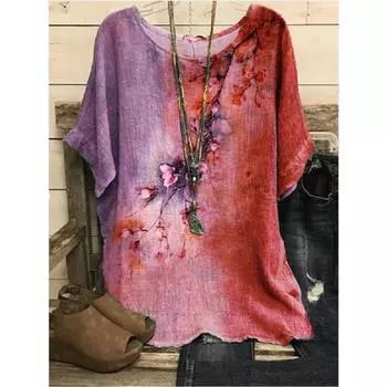 Контрастный цветной цветочный женский повседневный 3D принт футболка винтажная свободная футболка с коротким рукавом большого размера весна-лето топы 7XL красный
