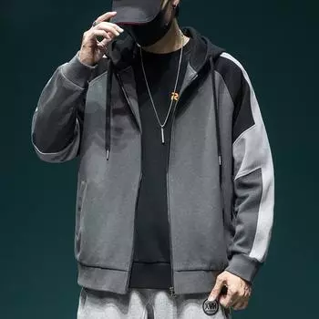 Контрастный цветной комбинированный кардиган на молнии свитер мужской свободный и утолщенный плюс размер весна и осень Tide бренд с капюшоном спортивная и досуговая куртка S темно-серого