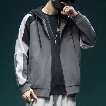 Контрастный цветной комбинированный кардиган на молнии свитер мужской свободный и утолщенный плюс размер весна и осень Tide бренд с капюшоном спортивная и досуговая куртка S темно-серого