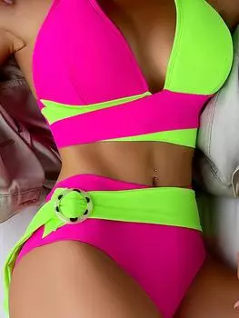 Контрастный цветной комплект из 2 предметов бикини, многослойные купальники с высоким вырезом и V-образным вырезом, женская одежда для плавания и купальники L