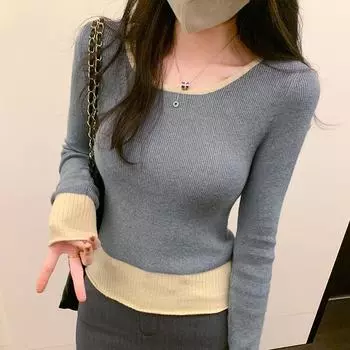 Контрастный цветной круглый вырез, имитация двухкомпонентного свитера для женщин на осень и зиму, новый высококачественный эластичный тонкий свитер с длинными рукавами S