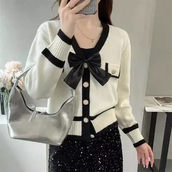 Контрастный цветной мягкий вощеный свитер со шнуровкой и бантом, женский осенне-зимний универсальный облегающий свитер с V-образным вырезом и тонким трикотажным верхом, женская одежда one size fits all