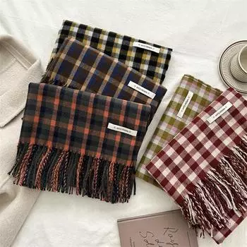 Контрастный цветной небольшой клетчатый шарф женский зимний модный мягкий вощеный имитация кашемира шаль шарф с бахромой красный