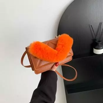 Контрастный цветной отступ Повседневная мода Ретро личность Иностранный стиль Пушистый плечевой косой пролет Портативный небольшой квадратный мешок коричневый