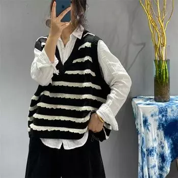 Контрастный цветной полосатый вязаный свитер женский большой размер весна новый модный универсальный и тонкий свободный жилет прилив One size чёрный