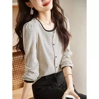 Контрастный цветной полосатый женский топ осень новый повседневный простой и универсальный базовый свитер с круглым вырезом и длинными рукавами S