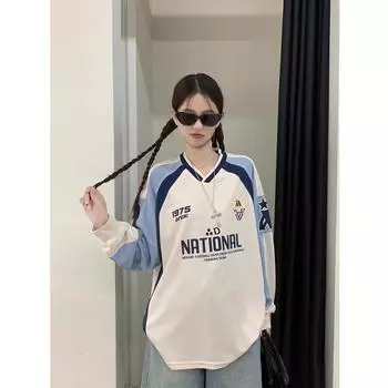 Контрастный цветной принт с длинными рукавами свитер женский начало осени новый V-образный вырез дизайн чувственный средний и длинный соляной топ прилив S абрикосовый