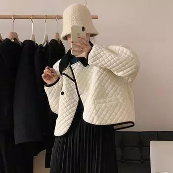 Контрастный цветной пуховик с лацканами женский 2024 зима новый Xiaoxiang ромб сладкий белый утиный пуховик взрыв one size fits all