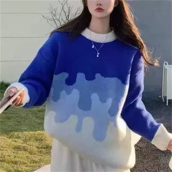 Контрастный цветной свитер с круглым вырезом, женская верхняя одежда, ленивый стиль, осень и зима, новый свободный утолщенный вязаный свитер с длинными рукавами one size fits all синий