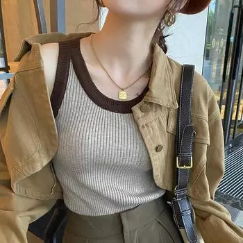 Контрастный цветной вязаный жилет, женская нижняя одежда, осень и зима, новый дизайн, ниша, прикрывает грудь, небольшой топ с подтяжками S