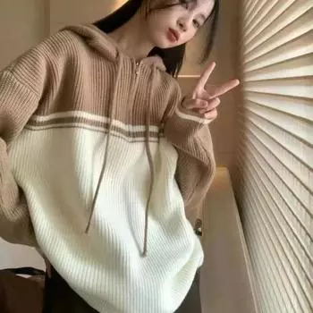 Контрастный цветной женский свитер на молнии с капюшоном, свободный пуловер на осень и зиму, вязаный свитер с длинными рукавами, пуловер, топ One Size чёрный