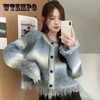 Контрастный дизайн Halo Dye, кардиган, пальто, женский осенне-зимний модный свободный свободный свитер, трикотаж с длинными рукавами, топ S синий