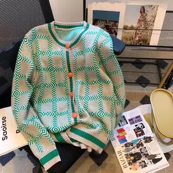 Контрастный клетчатый свитер, женский весенне-осенний свободный кардиган ленивой вязки, топ, дизайн, женский свитер с нишей и круглым вырезом One Size зелёный