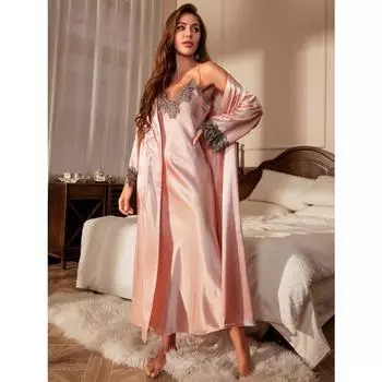 Контрастный кружевной пижамный комплект, халат с длинными рукавами и поясом, платье-комбинация с V-образным вырезом, женская одежда для сна, домашняя одежда S