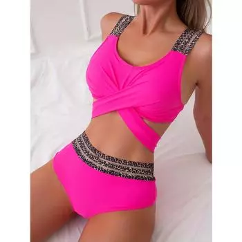 Контрастный леопардовый принт комплект из 2 частей бикини, многослойные завязывающиеся сзади купальники с высокой талией, женская купальная одежда и одежда S розы красного