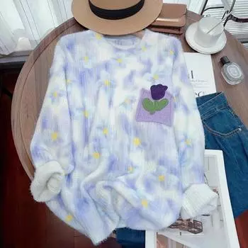 Контрастный O-образный вырез с трехмерным цветком, женский свитер с длинными рукавами, женский пуловер, осенний свободный повседневный топ One Size