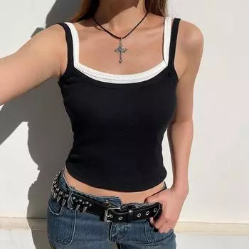 Контрастный поддельный двухсекционный укороченный топ повседневный пэчворк без рукавов модные майки винтажные женские летние футболки y2k женские мини-жилетки S чёрный
