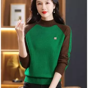 Контрастный свитер осень-зима, женский тонкий свободный свитер с полуворотом, трикотаж с длинным рукавом, трикотажный топ, джемпер S слюда