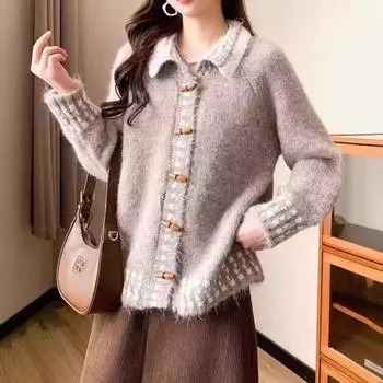 Контрастный свитер с деревянными пуговицами на лацканах, женская осенне-зимняя новинка, мягкий трикотажный кардиган с эффектом ленивого ветра, топ прилив One size