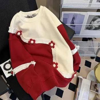 Контрастный свитер с длинными рукавами для женщин, свободный пуловер, женский топ с круглым вырезом, цветочное украшение, женская одежда One Size красный