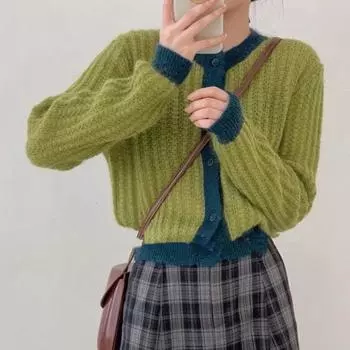 Контрастный вязаный свитер, куртка, женский осенний новый модный свитер с длинными рукавами и круглым вырезом, небольшой дизайн, нишевый свитер, женский кардиган One Size зелёный
