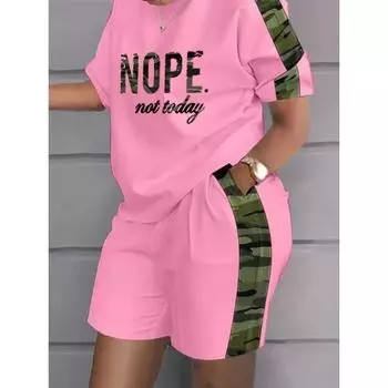 Контрастный женский костюм больших размеров, футболка с короткими рукавами, шорты с 3D-принтом, цветной двухкомпонентный спортивный тренировочный костюм для отдыха на открытом воздухе S розовый