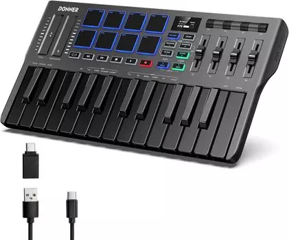 Контроллер клавиатуры Donner USB MIDI с 25 клавишами, чувствительными к скорости нажатия, сенсорным слайдером, OLED-экраном, подсветкой, совместимым с музыкальным производством, японской инструкцией чёрный