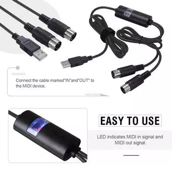 Конвертер MIDI-кабеля USB IN-OUT, профессиональный адаптер для ПК/ноутбука/Mac к музыкальной клавиатуре для домашней музыкальной студии Pinao чёрный