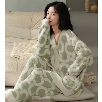 Коралловая бархатная пижама женская осень-зима кашемир и плотный женский теплый комплект домашней одежды можно носить на улице пижамы M