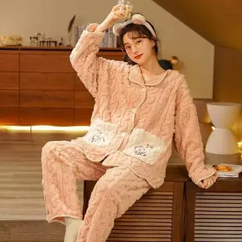 Коралловый флис утолщенная пижама женская осень-зима плюшевая с добавлением милого розового фланелевого комплекта домашней одежды для девочек повседневная ночная одежда M
