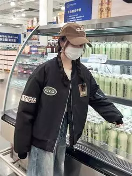 Korean baseball collar short winter thickened warm down cotton-padded jacket women s lazy style fashion small padded jacket M чёрный